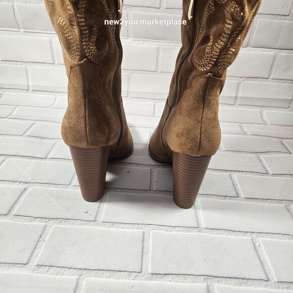 Women's Faux Suede Embroidered Knee High Cowboy Boots Size 8 Light Brown - New* - Picture 11 of 16